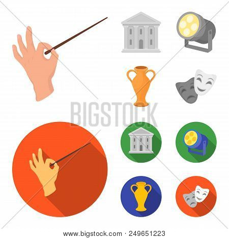 Conductor Baton, Theater Building, Searchlight, Amphora.theatre Set Collection Icons In Cartoon, Fla
