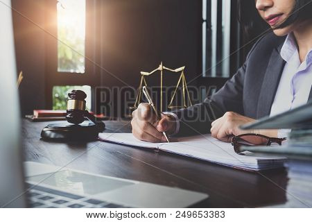 Advice And Justice Concept. Justice Scales, Justice Hammer And Litigation And Litigation Document, F