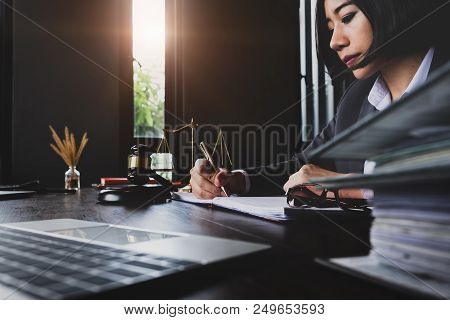 Advice And Justice Concept. Justice Scales, Justice Hammer And Litigation And Litigation Document, F