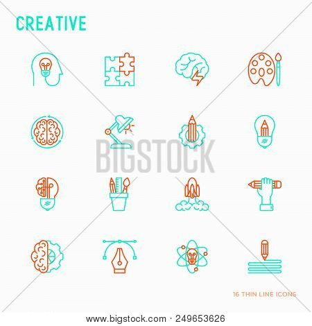 Creative Thin Line Icons Set: Generation Of Idea, Start Up, Brief, Brainstorming, Puzzle, Color Pale
