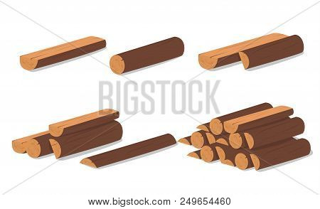 Wooden Logs. Brown Bark Of Felled Dry Wood. Purchase For Construction. Vector Illustration. A Set Of