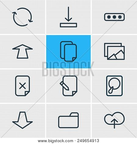 Vector Illustration Of 12 Archive Icons Line Style. Editable Set Of Pull, Sync, Push And Other Icon 