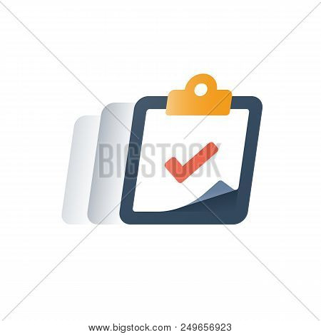 Check Mark Clipboard, Task Done, Tick Sign, Complete Test, Fast Service, Brief Summary Concept, Ques