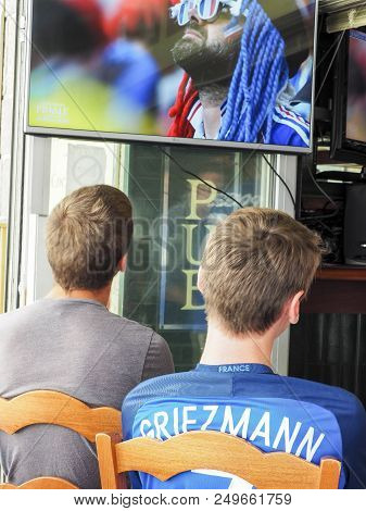 St Malo, France - July 15, 2018. Unidentified French Football Fans Supporters At France In Front Of 
