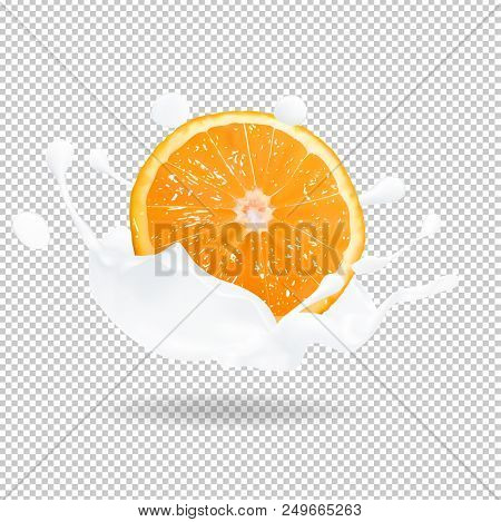 Orange Fruit In A Milk Splas 3d Vector Realistic Illustration
