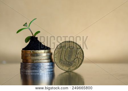 10 Rubles Coins. Russian Money Concept - Coins In Soil With Young Plant