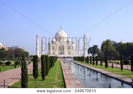 Famous tourist attraction - Taj Mahal mausoleum in Agra, India. UNESCO world heritage site