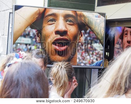 St Malo, France - July 15, 2018. Unidentified French Football Fans Supporters At France In Front Of 