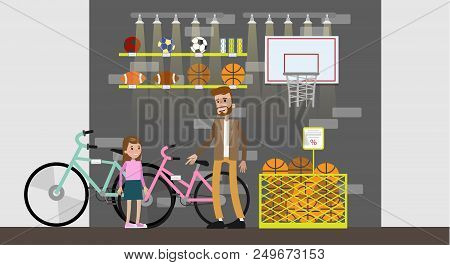 Sports Store With Visitors. Dad And Daughter Choosing Bicycle. Sport Equipment, Differnet Balls On T