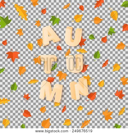 Word Autumn Composition With Green Yellow Red Leaves With Shadow In Paper Cut Style. Fall Leaf 3d Re