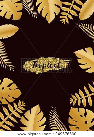 Composition With Luxury Golden Jungle Leaves On Dark Background In Paper Cut Style. Tropical Gold Le