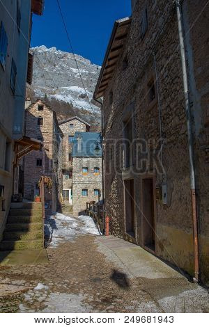 A Street In The Hill Village Of Casso In Winter Friuli Venezia Giulia, North East Italy. With A Popu