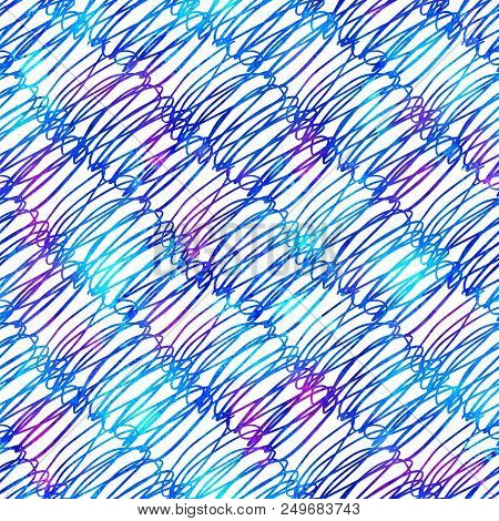 Seamless Pattern Brush Stripes Plaid. Blue Color On White Background. Hand Painted Grange Texture. I