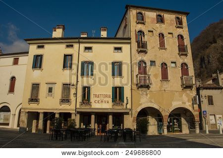 Vittorio Veneto, Italy - February 11th 2018. Buildings In Piazza Flaminio In The Historic Town Of Vi