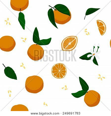 Seamless Floral Oranges, Leaves And Flowers Pattern. Stock Vector