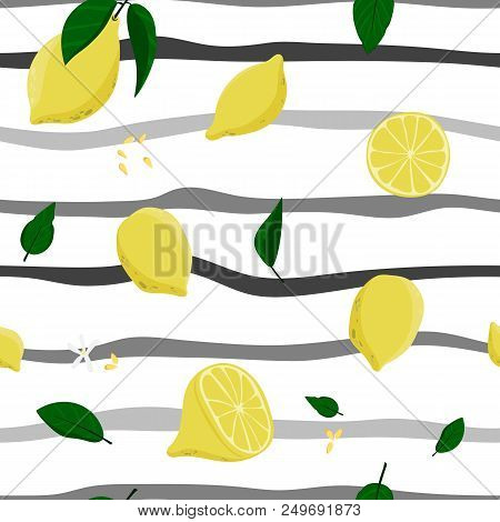 Seamless Lemons And Stripes Hand Drawn Pattern. Stock Vector