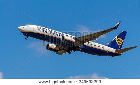 Berlin, Germany, 15.07.2018: Ryanair Boeing 737 Aircraft Flying In The Sky, Tegel Airport