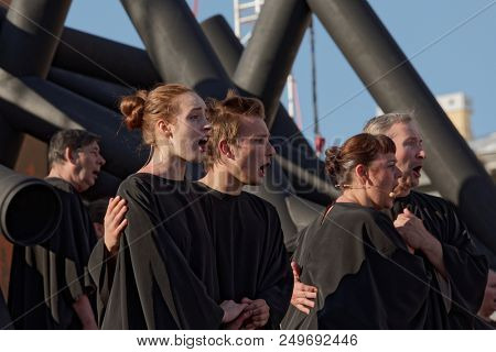 ST. PETERSBURG, RUSSIA - JULY 15, 2018: Actors perform the opera Macbeth of G. Verdi outdoors during the festival All Together Opera. It was 2nd of 4 performances