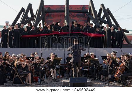 ST. PETERSBURG, RUSSIA - JULY 15, 2018: Actors perform the opera Macbeth of G. Verdi outdoors during the festival All Together Opera. It was 2nd of 4 performances