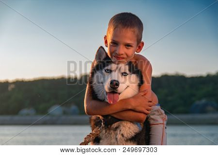 Portrait Cute Boy Hugging Beautiful Siberian Husky. Child Hugs Huske Dog Around His Neck On Summer E