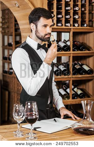Handsome Young Wine Steward Examining Aromatic Bottle Corc After Opening Wine At Store