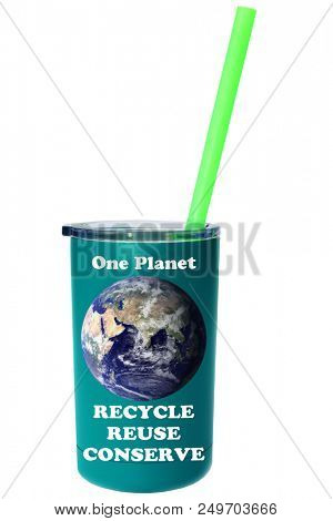Blue thermos cup with a Plastic Straw. Isolated on the white. Room for text.
Hot / Cold Travel Mug with Earth on the front.
Global Warming Concept.

 Elements of this image furnished by NASA 

