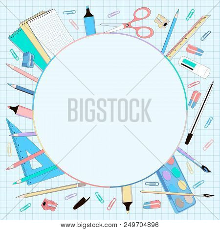 School Supplies Round Background With Checkered Paper