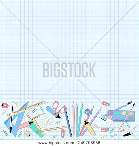 Multicolor School Supplies Border With Checkered Paper
