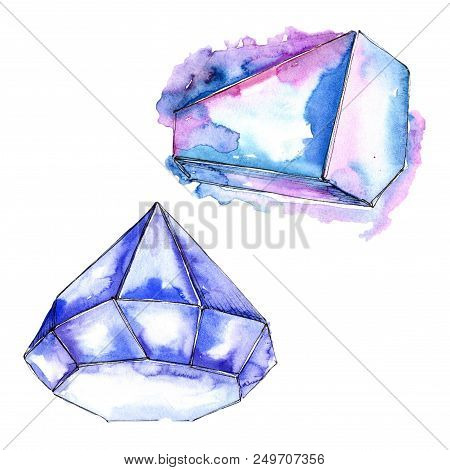 Blue Diamond Rock Jewelry Mineral. Isolated Illustration Element. Geometric Quartz Polygon Crystal S
