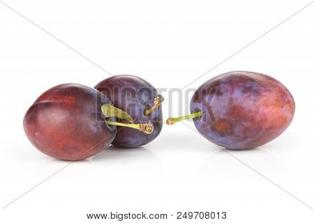 Group Of Three Whole Fresh Violet-blue Plum Vibrant Moyer Variety Isolated On White