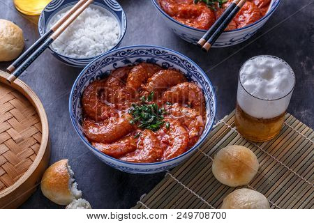 Close View Of Big Prawn In Spicy Tomato Sauce, Asuan Cuisine.