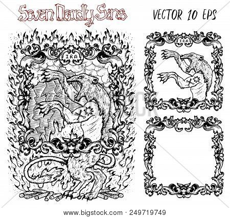 Wrath. Latin Word Ira Means Anger. Seven Deadly Sins Concept, Black And White Vector Set With Frame.