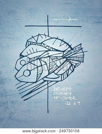 Religious Christian Illustration Of Five Bread And Two Fish