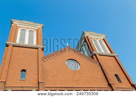 Nagasaki, Japan - 14jul2018:  Close Up Of Urakami Cathedral In Nagasaki, Japan.