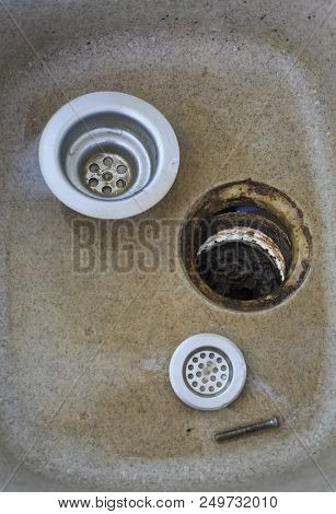 Clogged Kitchen Sink In The Kitchen. Cleaning A Clogged, Dirty Washbasin