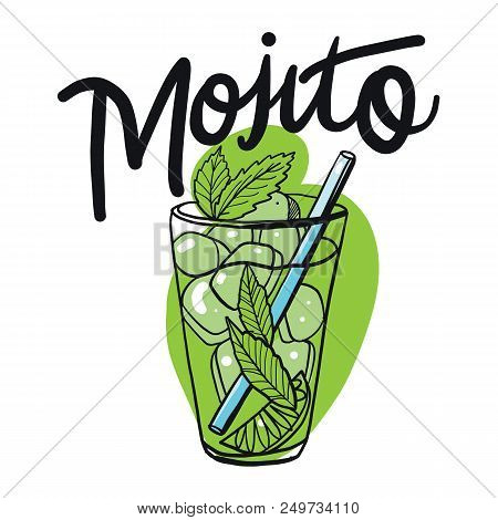Cocktail Mojito In Sketch Style For Menu. Mojito Contemporary Classic Cocktail. Longdrink. Fresh Lem