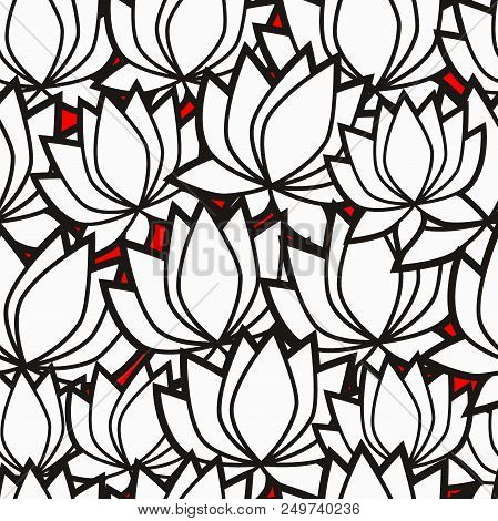 Seamless Pattern With Lotus Oriental Lilies On The Leaves