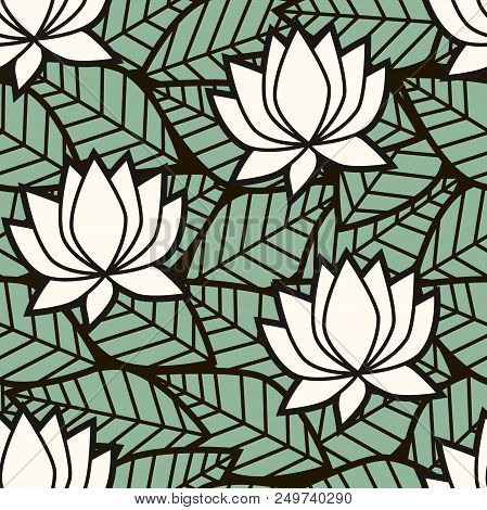 Seamless Pattern With Lotus Oriental Lilies On The Leaves