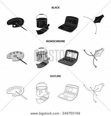 A Palette With A Brush, A Bucket With A Paint Brush, A Computer, A Tool, A Pen.artist And Drawing Se
