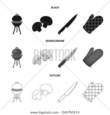 Barbeque Grill, Champignons, Knife, Barbecue Mitten.bbq Set Collection Icons In Black, Monochrome, O