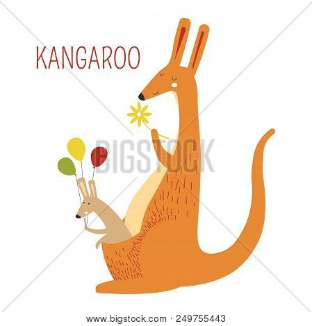 Kangaroo Family Of Mother And Baby Book Character. Australian Animal With Balloons And Flower For Ch
