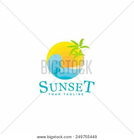 Sunset On Island Logo, Sunset Vector Design Circled The Ocean Waves