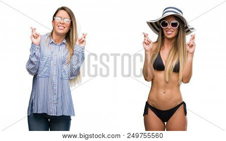 Young beautiful blonde woman wearing business and bikini outfits smiling crossing fingers with hope and eyes closed. Luck and superstitious concept.