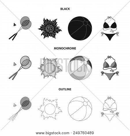 A Game Of Badminton, A Ball And The Sun.summer Vacation Set Collection Icons In Black, Monochrome, O