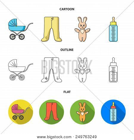 Stroller, Bottle With A Pacifier, Toy, Sliders.baby Born Set Collection Icons In Cartoon, Outline, F