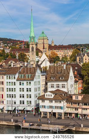 Zurich, Switzerland - September 28, 2017: Buildings Of The Historic Part Of The City Of Zurich, Towe