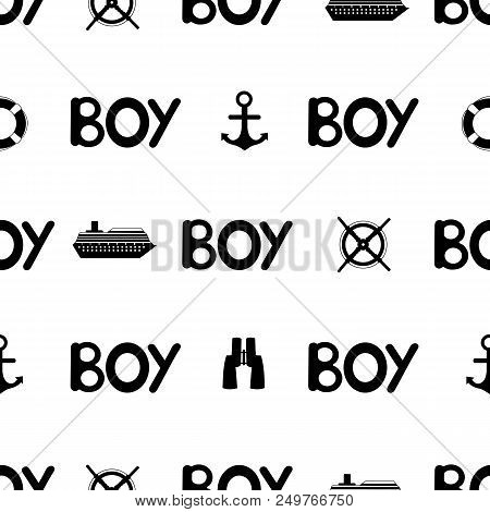 Seamless Pattern With Black Word Boy And Anchor, Ship, Steering Wheel. Vector Illustration