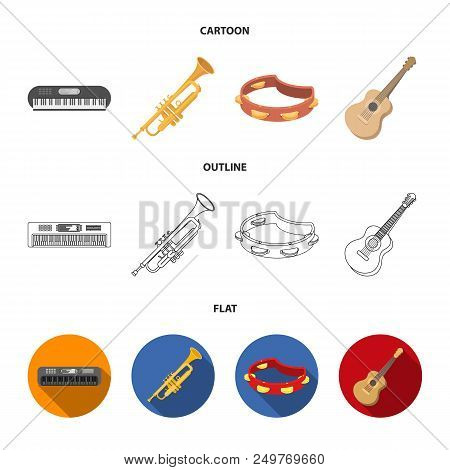 Electro Organ, Trumpet, Tambourine, String Guitar. Musical Instruments Set Collection Icons In Carto