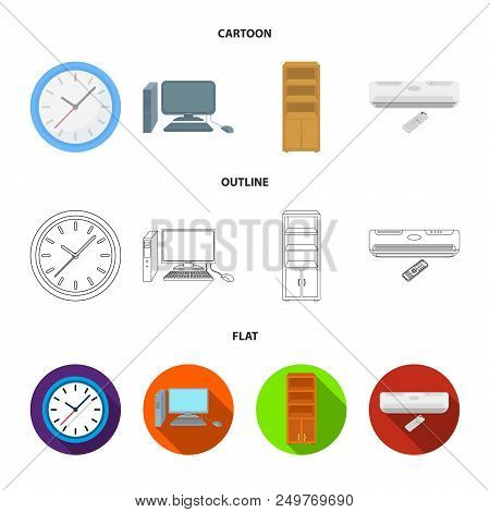 Clock With Arrows, A Computer With Accessories For Work In The Office, A Cabinet For Storing Busines