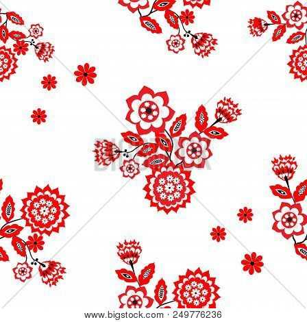 Flower Doodles Are In Red And Black Colors. The Background Is White. The Pattern Is Seamless.